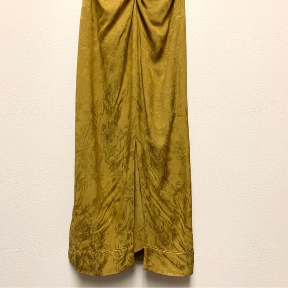 Zara Draped Jacquard Midi Maxi Dress Size Small Ruched Collared Olive Cap Sleeve - Picture 13 of 14